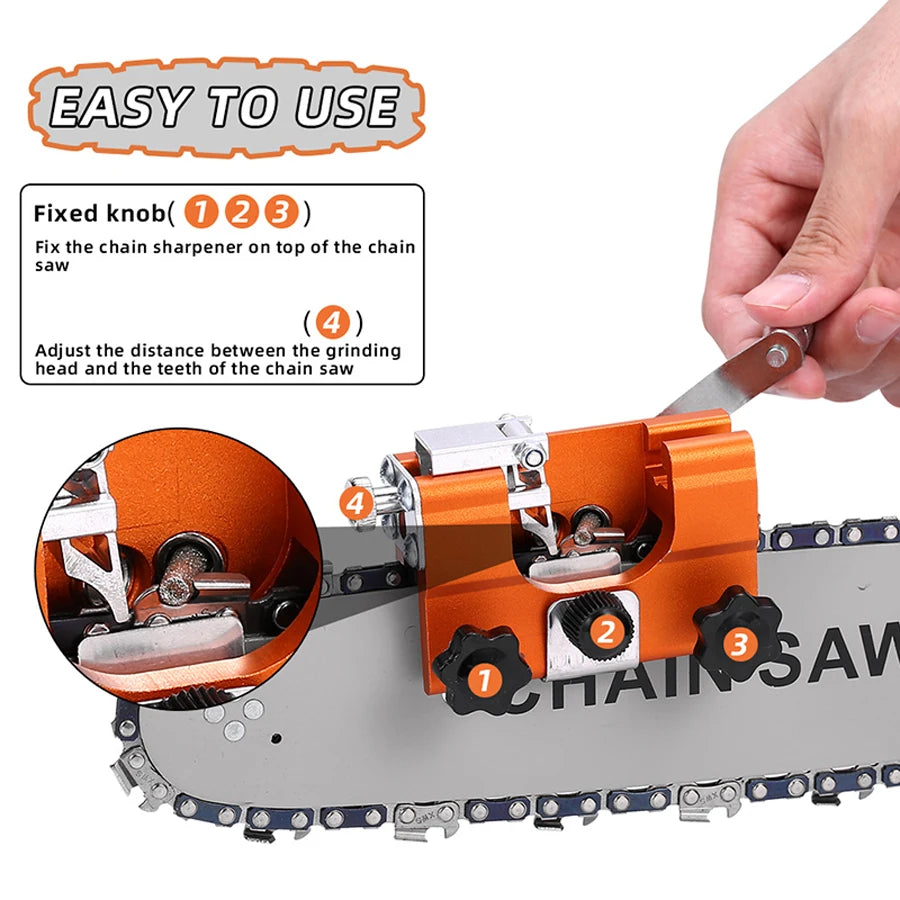 1 Set of Chainsaw Sharpener Kit, Portable Chainsaw Sharpener, Hand-Cranked Chainsaw Sharpening Tool, with 4 Dual-Purpose Carbide Sharpening Heads, Extended Guide Sleeve Design, Chainsaw Sharpening Clamp, Used for Quick Sharpe
