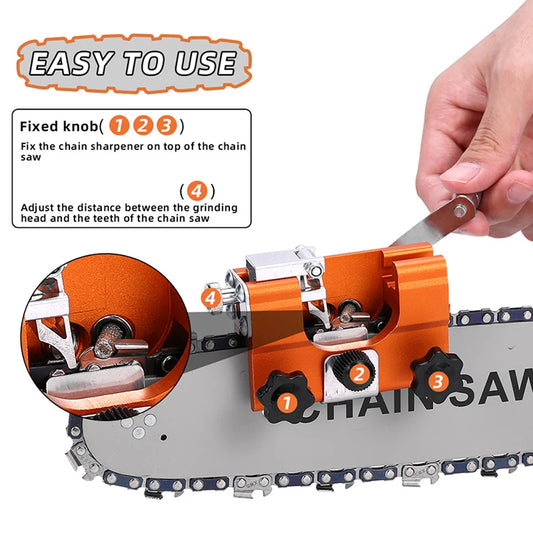 1 Set of Chainsaw Sharpener Kit, Portable Chainsaw Sharpener, Hand-Cranked Chainsaw Sharpening Tool, with 4 Dual-Purpose Carbide Sharpening Heads, Extended Guide Sleeve Design, Chainsaw Sharpening Clamp, Used for Quick Sharpe