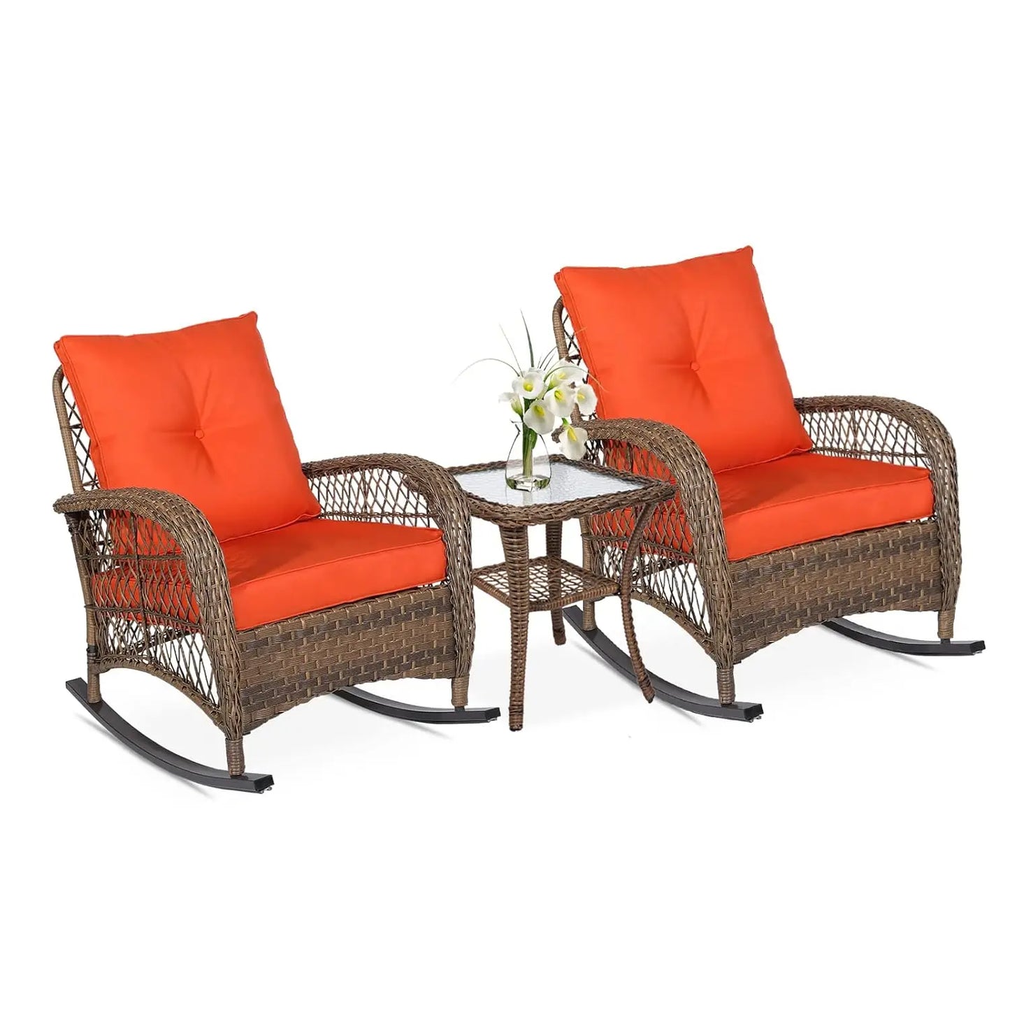 3-Piece Outdoor Conversation Bistro Set, Patio Wicker Rocking Chairs Rattan Furniture Sets w/ 2 Rattan Chairs,, Customized