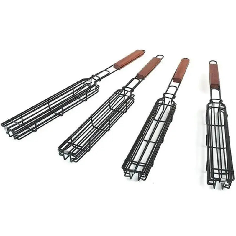 12/3PCS Stainless Steel Barbecue Rack Barbecue Clip Durable Portable Barbecue Basket Paint Coat Wooden Handle Barbecue Net
