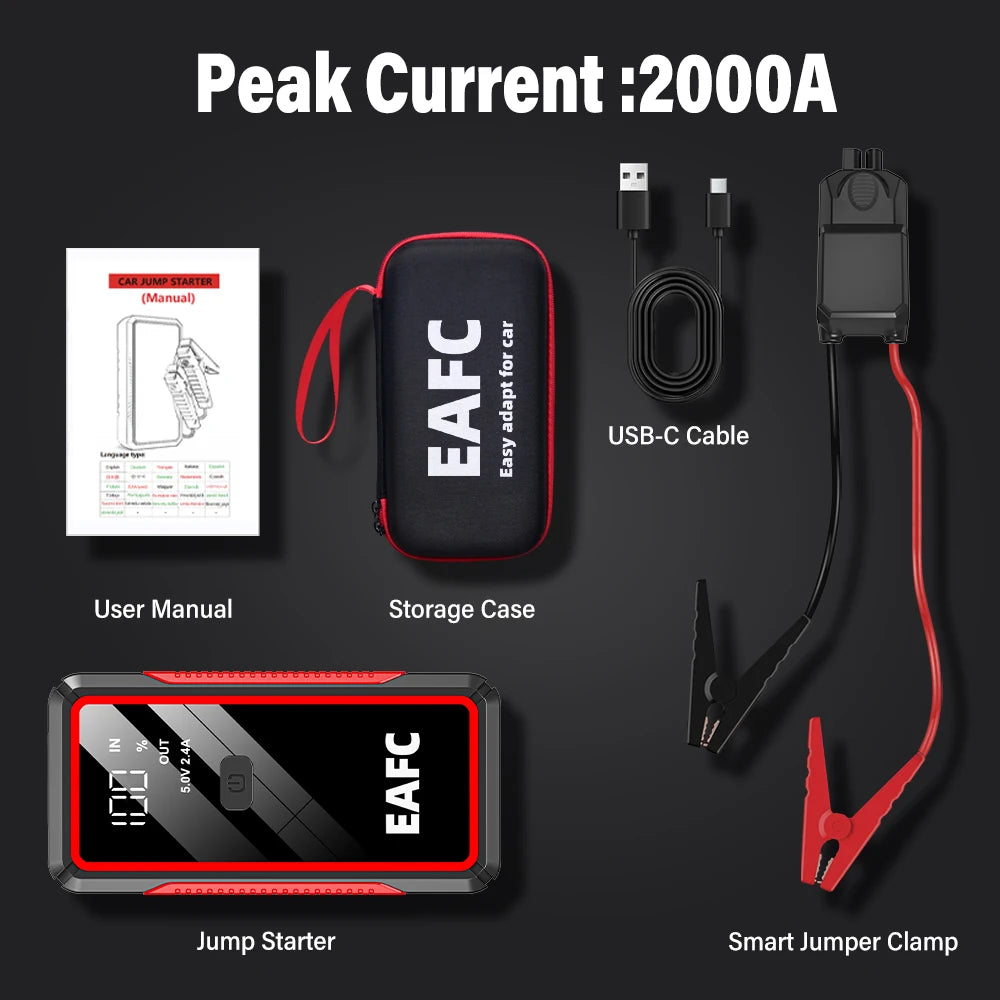 Car Jump Starter 2000A/1200A/600A Battery Charger Emergency Power Bank Booster with LED Lighting Starting Device for 12V Cars