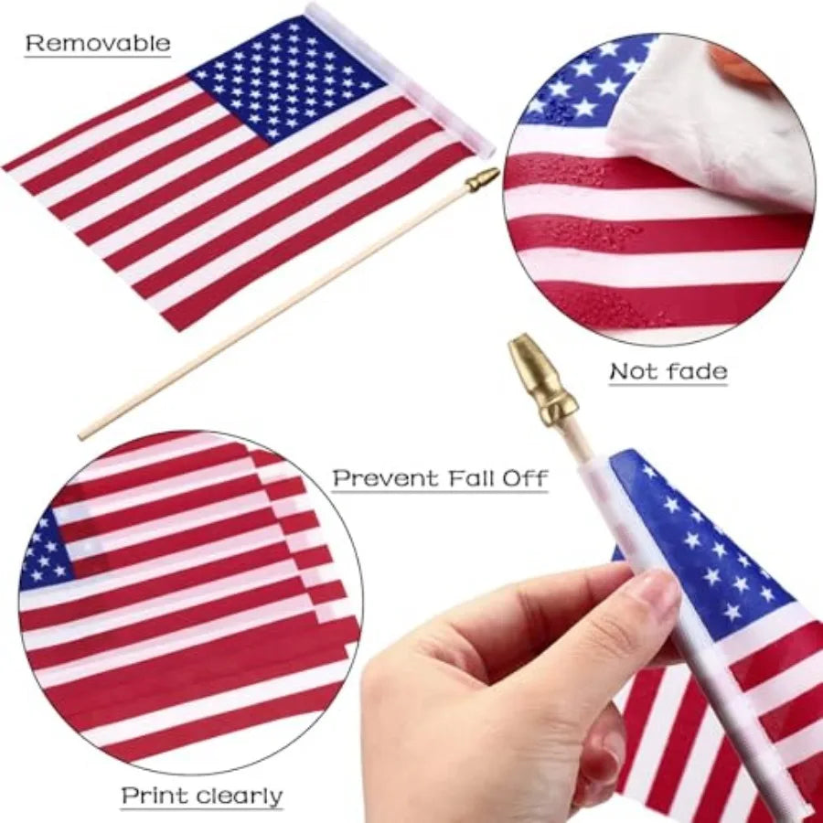 50 Pack of Small American Flags on Stick 4 x 6 Inch Handheld Flags with Gold Spearhead for 250th Anniversary, 4th of July, Memorial Day