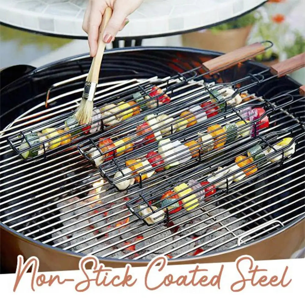 12/3PCS Stainless Steel Barbecue Rack Barbecue Clip Durable Portable Barbecue Basket Paint Coat Wooden Handle Barbecue Net