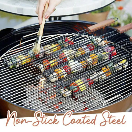 12/3PCS Stainless Steel Barbecue Rack Barbecue Clip Durable Portable Barbecue Basket Paint Coat Wooden Handle Barbecue Net