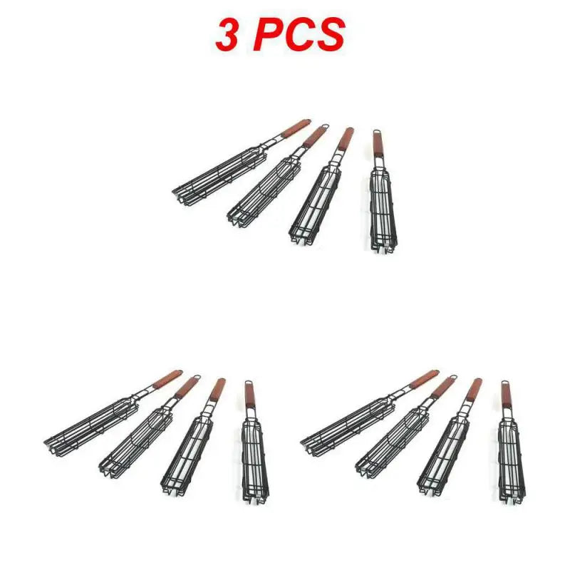 12/3PCS Stainless Steel Barbecue Rack Barbecue Clip Durable Portable Barbecue Basket Paint Coat Wooden Handle Barbecue Net