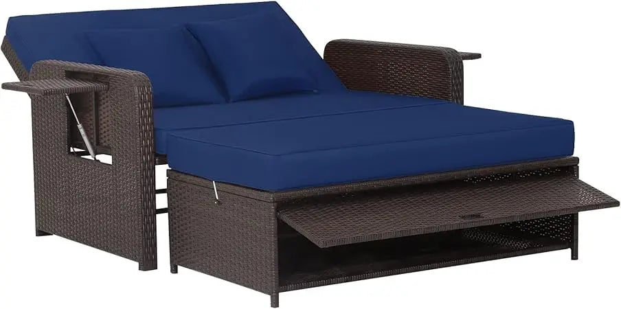 Patio Rattan Daybed Set, Wicker Loveseat Sofa w/Multipurpose Ottoman & Retractable Side Tray, 4-Level Adjustable Backrest, Foot, in Multiple colors.