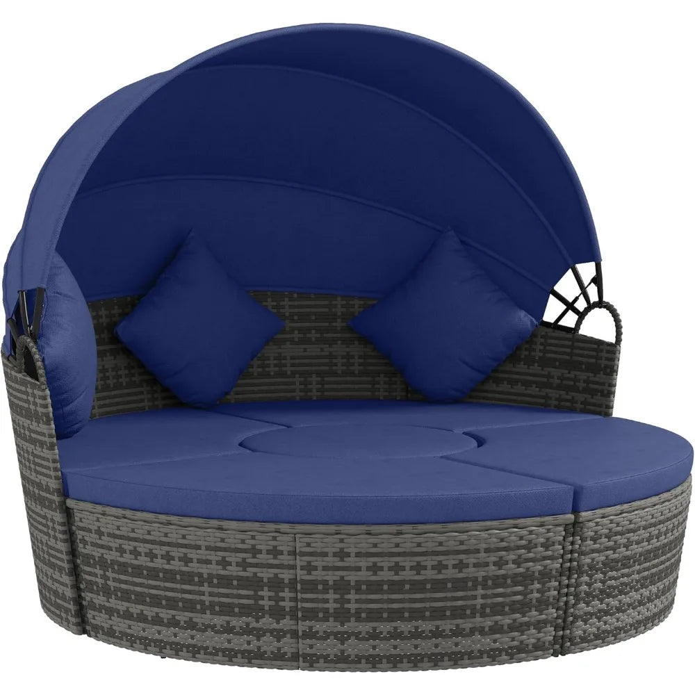 4 Piece Round Rattan Daybed, Convertible Patio Furniture Set, Adjustable Sun Canopy, Sectional Outdoor Sofa, 2 Chairs, Extendin