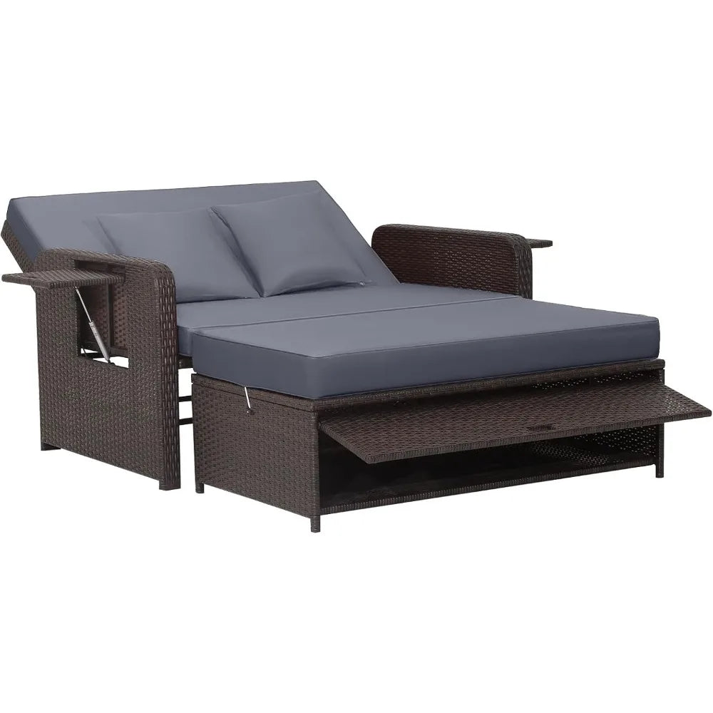 Patio Rattan Daybed Set, Wicker Loveseat Sofa w/Multipurpose Ottoman & Retractable Side Tray, 4-Level Adjustable Backrest, Foot, in Multiple colors.