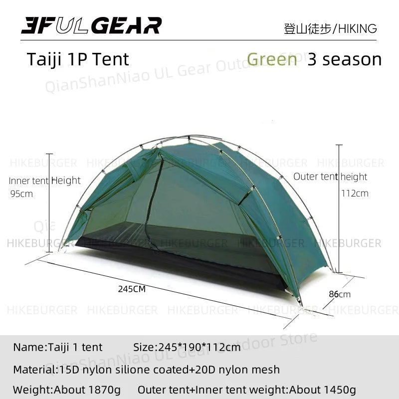 3F UL Gear Taiji 1 Tent Ultralight Single Person Outdoor Camping Tourism Tent Mountaineering Windproof Hiking Tent 1 Person