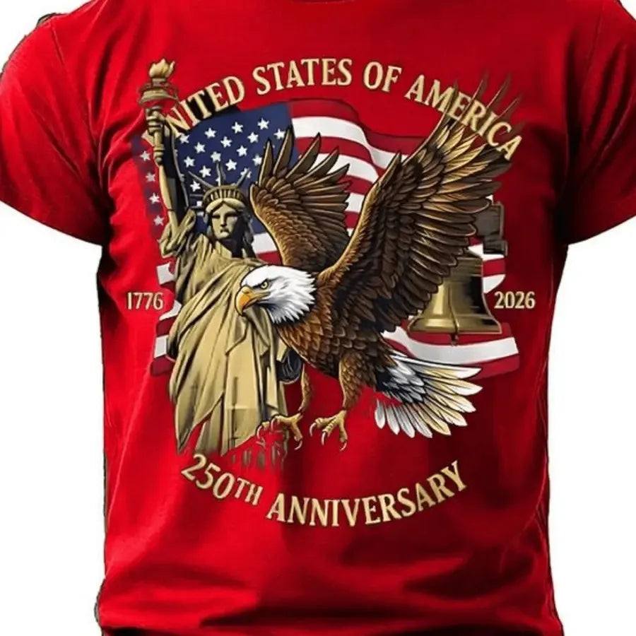 【New Arrival】250th Anniversary USA 1776-2026 T-Shirt American Eagle Liberty Bell Statue of Liberty Patriotic Red Casual Cotton Short Sleeve Tee Unisex Crew Neck Top