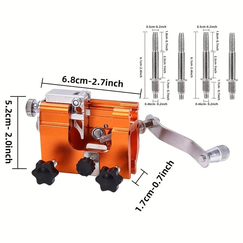 1 Set of Chainsaw Sharpener Kit, Portable Chainsaw Sharpener, Hand-Cranked Chainsaw Sharpening Tool, with 4 Dual-Purpose Carbide Sharpening Heads, Extended Guide Sleeve Design, Chainsaw Sharpening Clamp, Used for Quick Sharpe