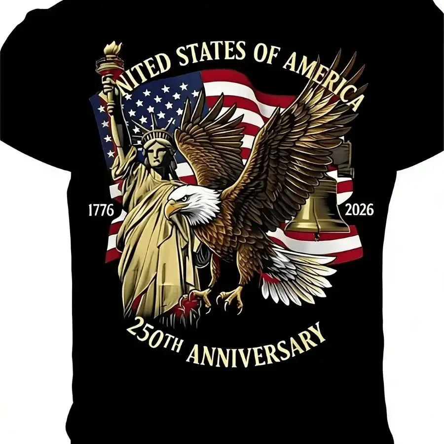 【New Arrival】250th Anniversary USA 1776-2026 T-Shirt American Eagle Liberty Bell Statue of Liberty Patriotic Red Casual Cotton Short Sleeve Tee Unisex Crew Neck Top