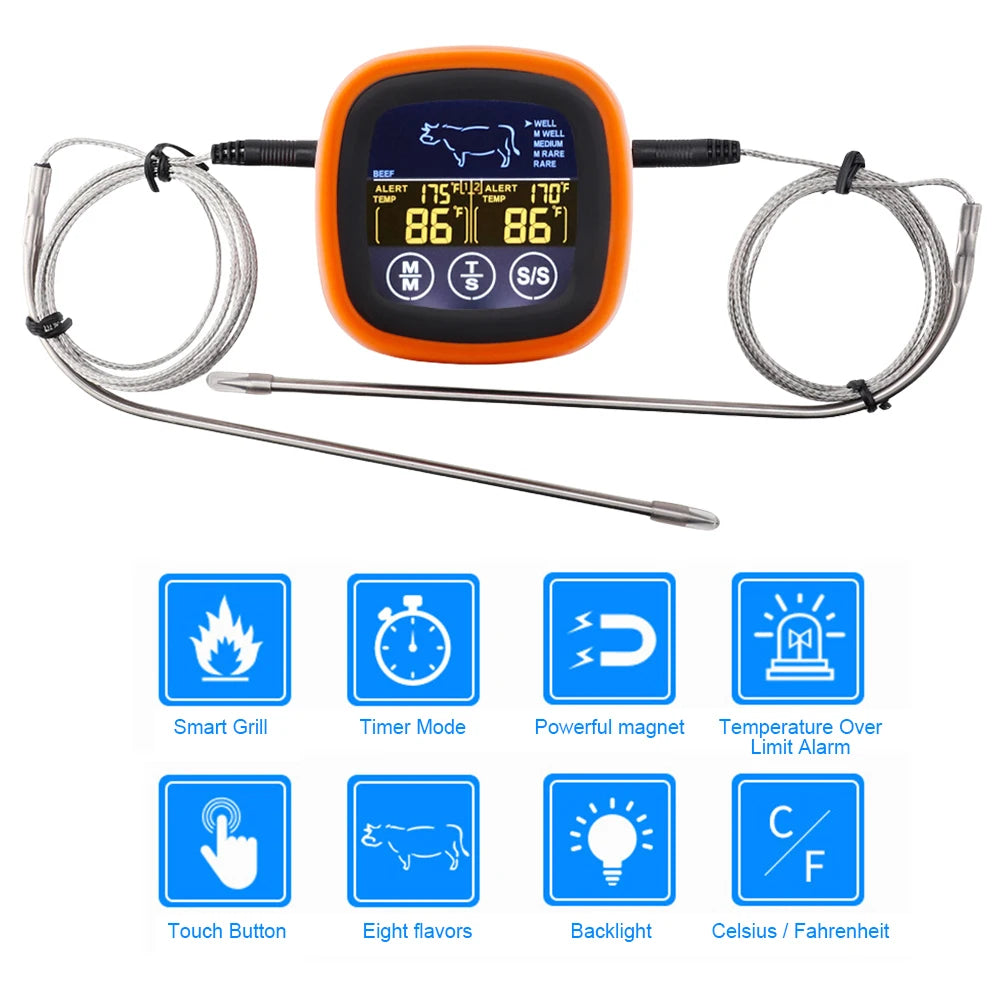 Digital Kitchen Thermometer with 2 Probe Touch Screen Meat Barbecue Food Temperature Measure Tool Steak BBQ Timer Cooking Tools