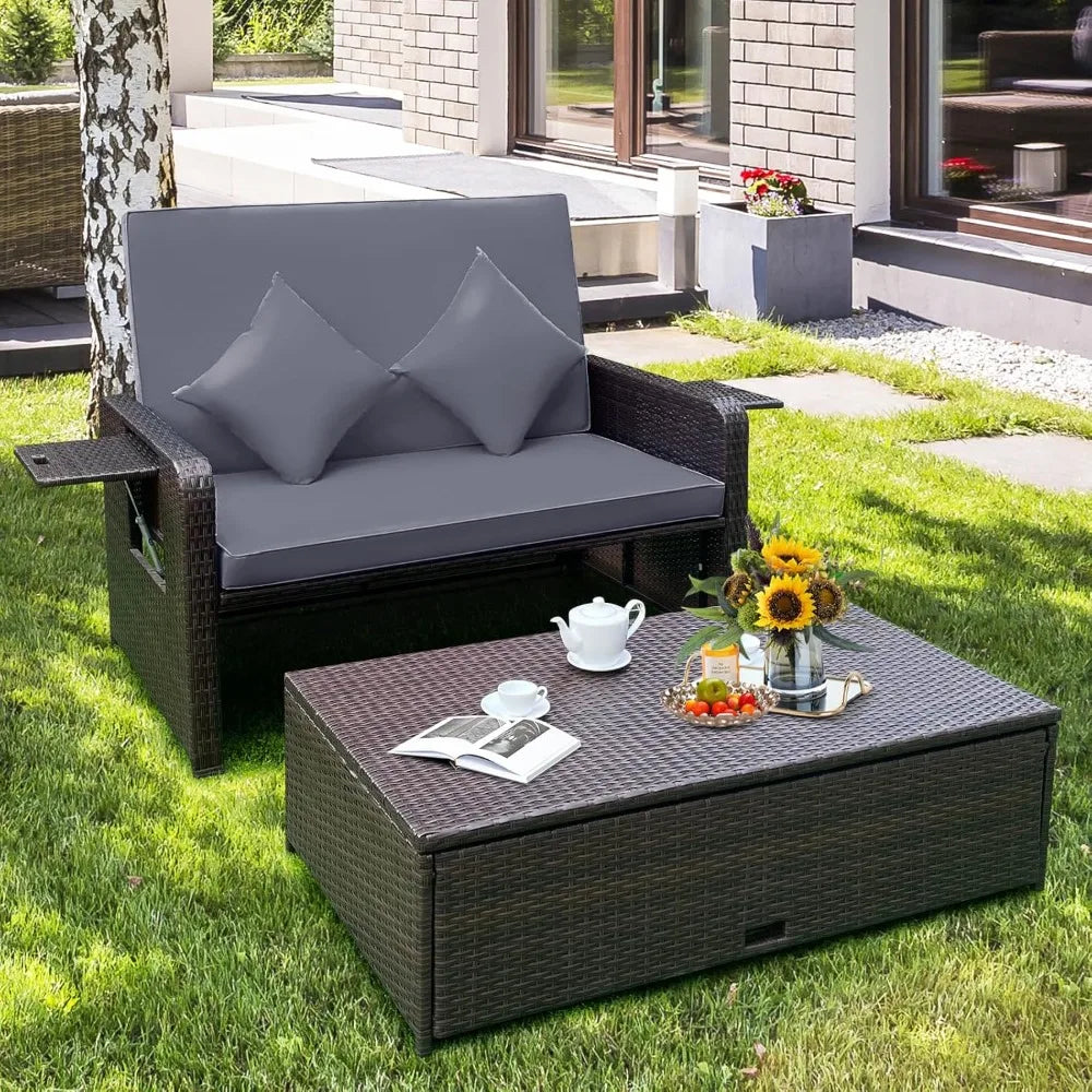 Patio Rattan Daybed Set, Wicker Loveseat Sofa w/Multipurpose Ottoman & Retractable Side Tray, 4-Level Adjustable Backrest, Foot, in Multiple colors.