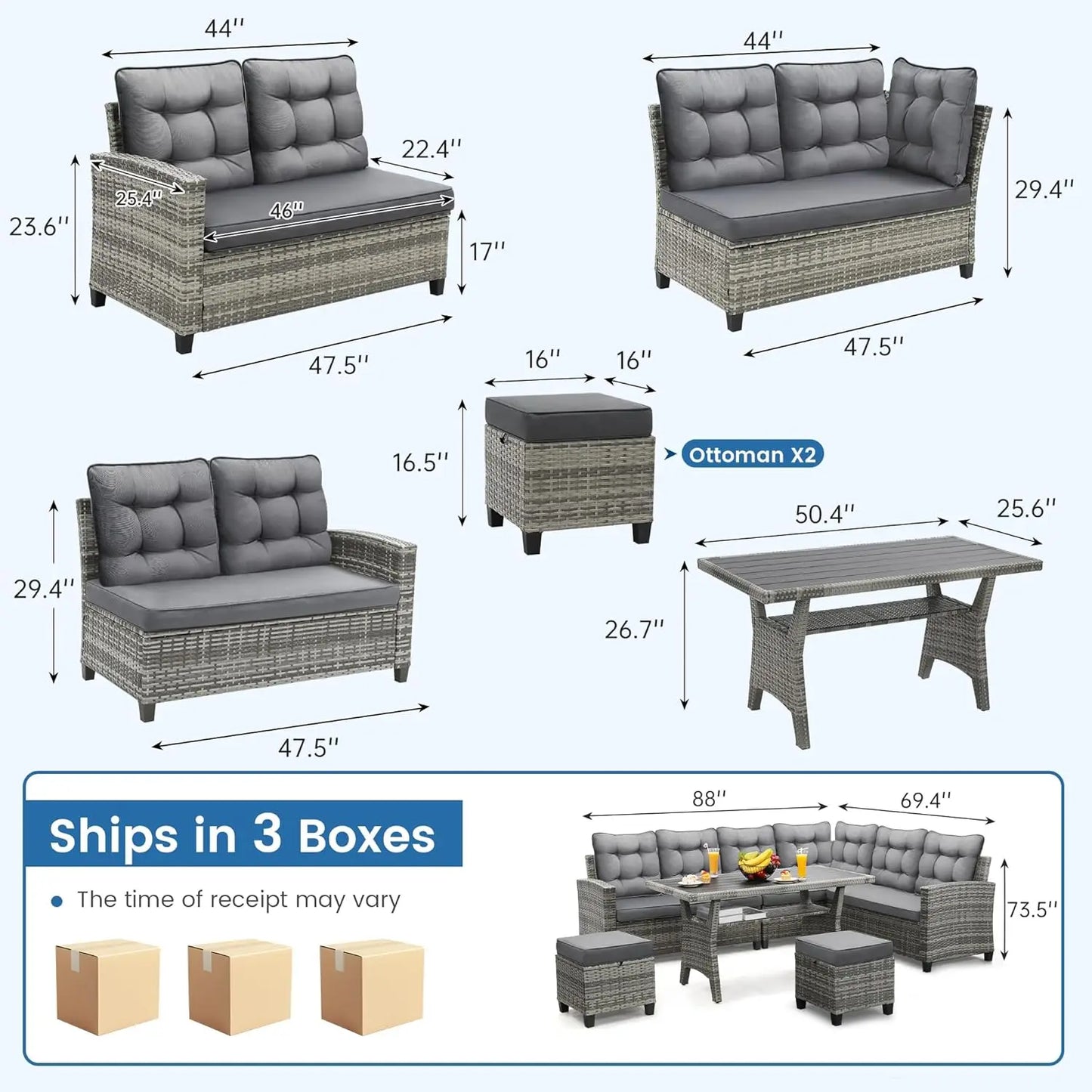 6-Piece Patio Set Sectional Sofa Dining Table Chairs All-Weather Removable Cushion Garden Porch Backyard, Customized