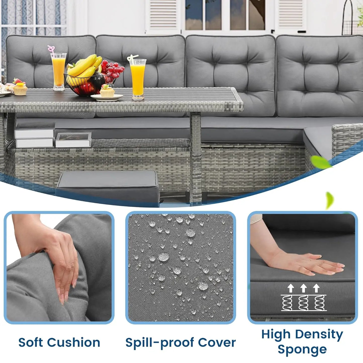 6-Piece Patio Set Sectional Sofa Dining Table Chairs All-Weather Removable Cushion Garden Porch Backyard, Customized