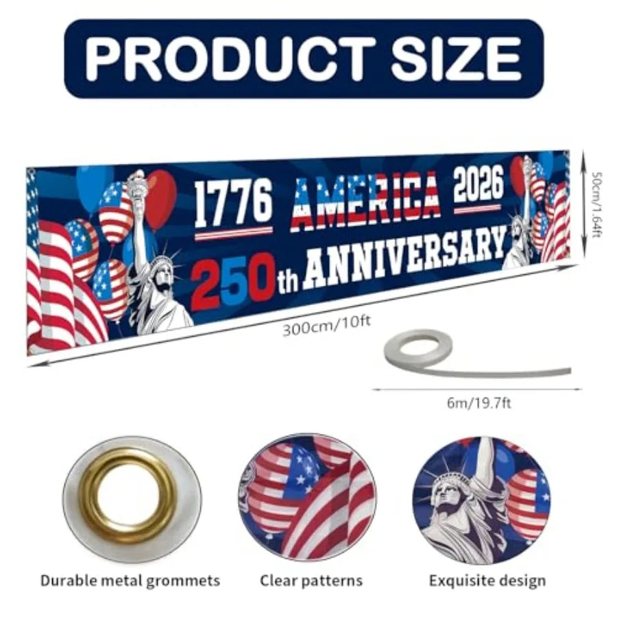 250th Anniversary American Banner Flag, 4th of July Decorations, 1776-2026 USA 250th Birthday Premium Banner with Grommets, Pat