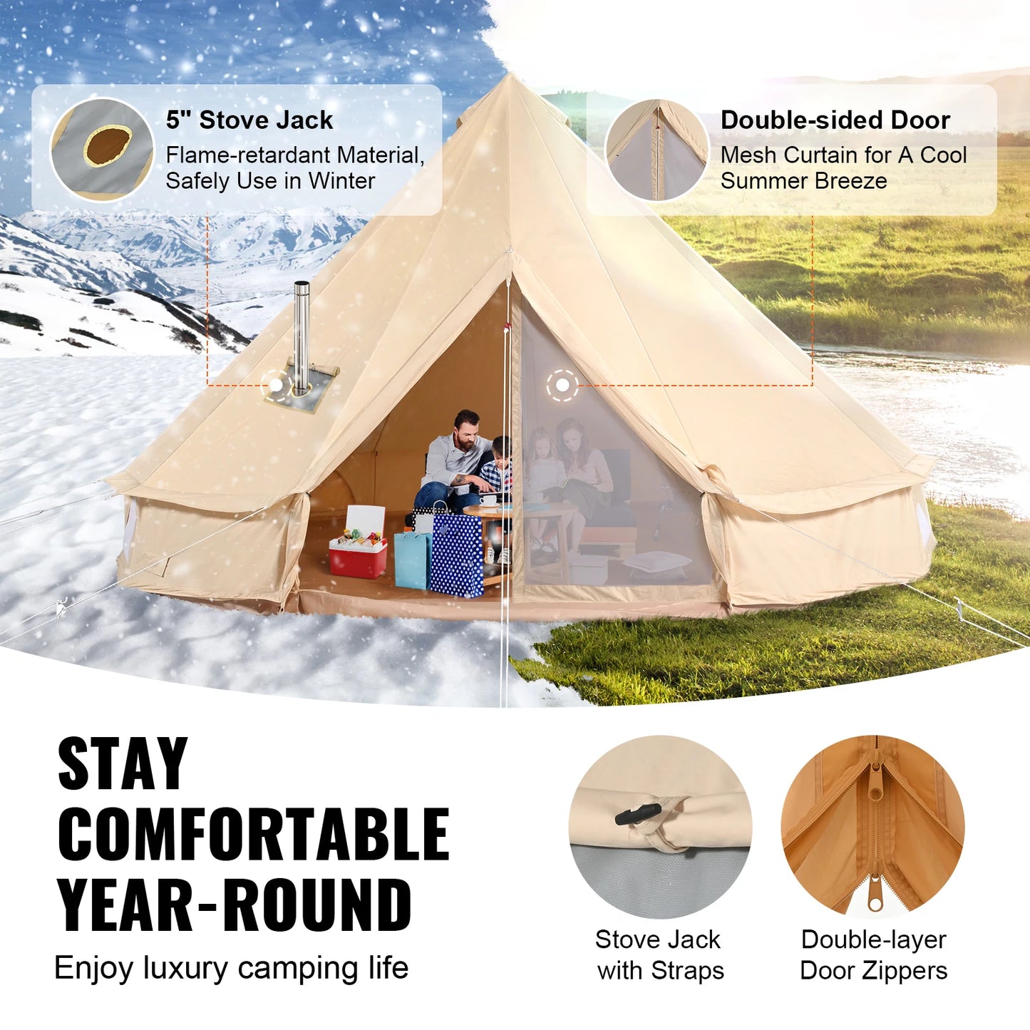 Buy Canvas Bell Tent 4 Seasons 5m Yurt Tent Canvas Tent for Camping with Stove Breathable Tent Holds up to 8 People