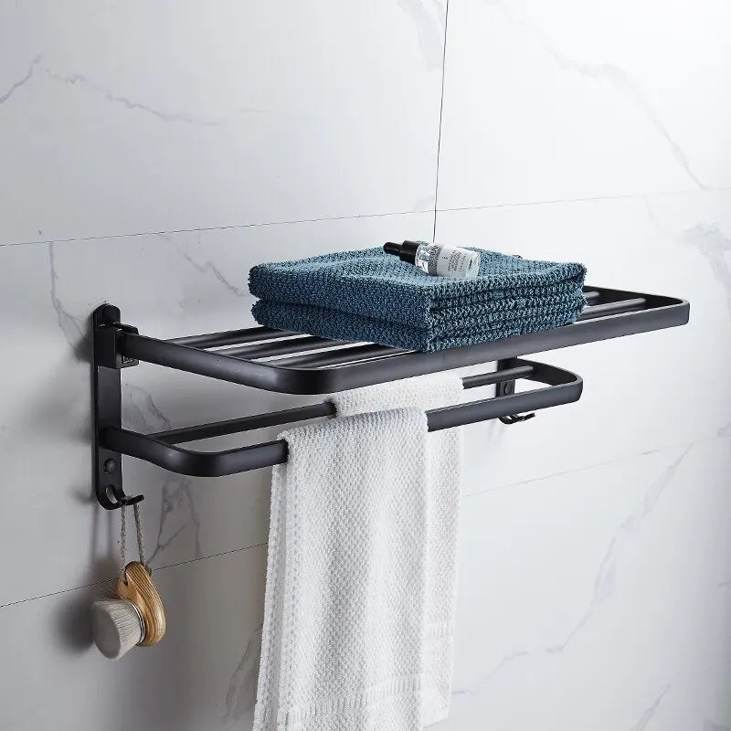 Matte Black 50 CM Folding Holder With Hook Towel Holder Wall Mount Aluminum Towel Rack