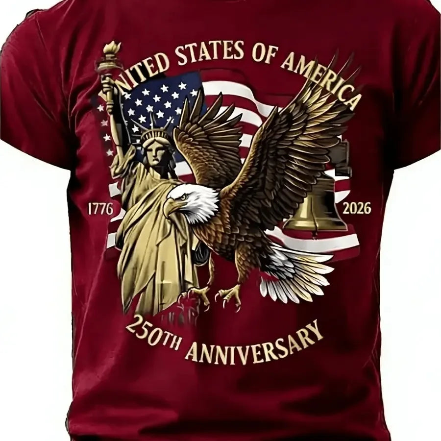【New Arrival】250th Anniversary USA 1776-2026 T-Shirt American Eagle Liberty Bell Statue of Liberty Patriotic Red Casual Cotton Short Sleeve Tee Unisex Crew Neck Top