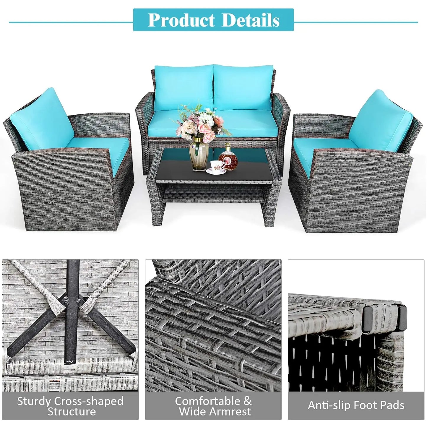 4 Pieces Patio Furniture Set, All Weather Outdoor Sectional Rattan Sofa Set with Cushions & Tempered Glass Table, Wicker Convers