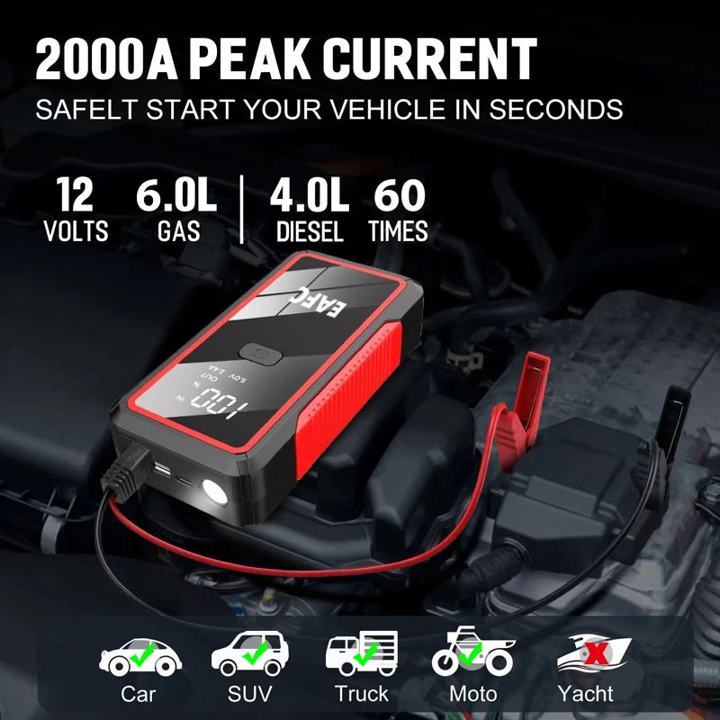 Car Jump Starter 2000A Peak Current Portable Battery Booster Power Bank Starting Device Car Starter for Petrol Diesel 6.0L/4.0L