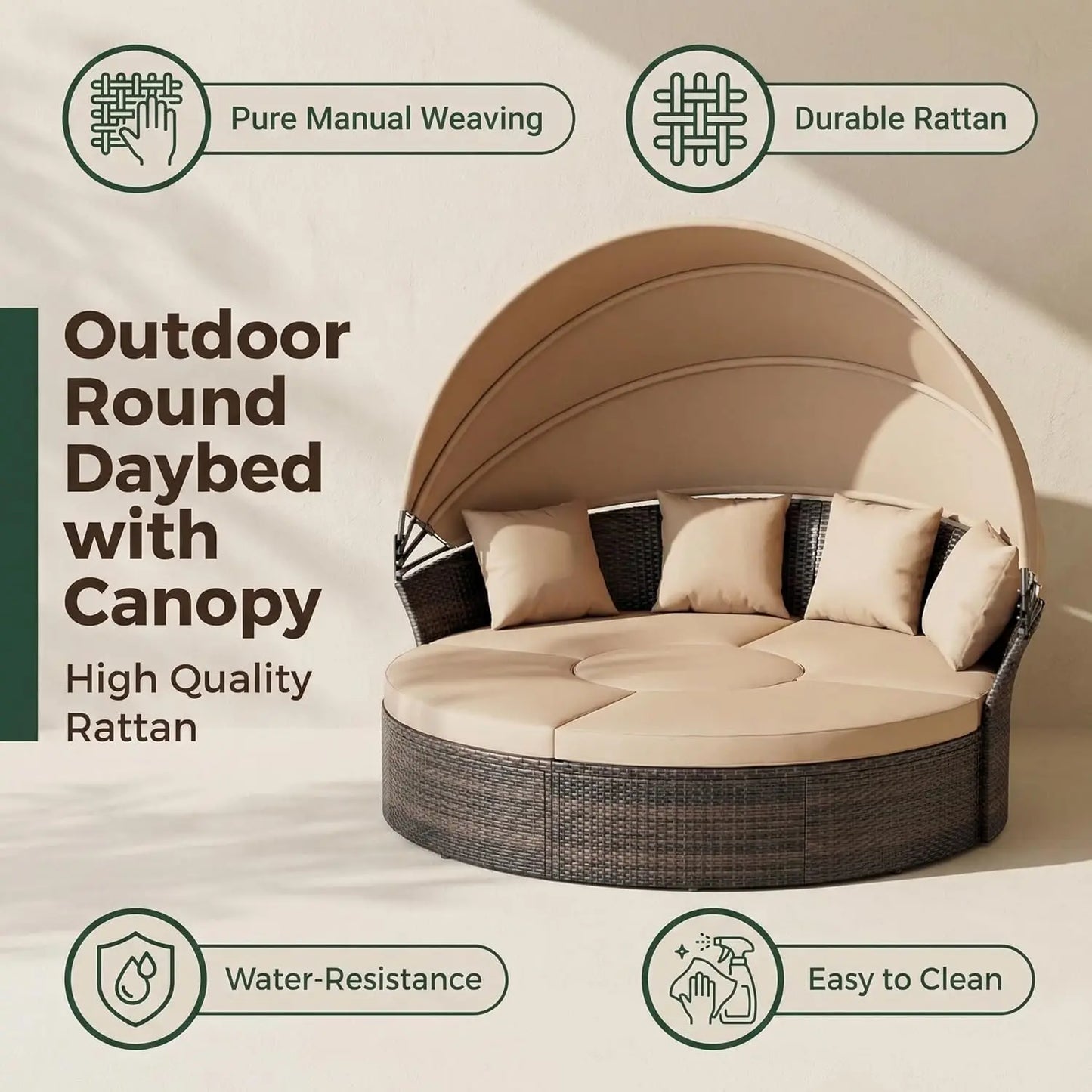 Retractable Canopy Patio Daybed Rattan Sofa Set 5pc Cushioned Seats for Garden Pool Brown Customized