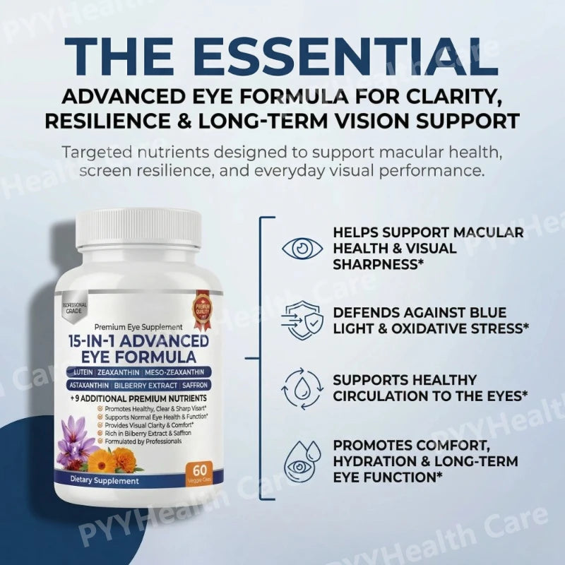 15-in-1 Advanced Eye Formula Supplement with Lutein Zeaxanthin Bilberry& Premium Nutrients Supports Healthy Vision 60Veggie Caps