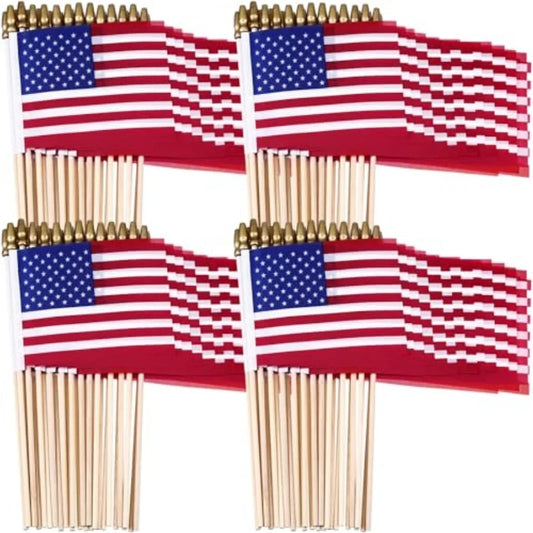 50 Pack of Small American Flags on Stick 4 x 6 Inch Handheld Flags with Gold Spearhead for 250th Anniversary, 4th of July, Memorial Day