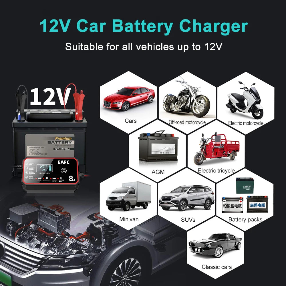12V 8A/6A Fully Automatic Car Battery Charger Smart Battery Charger for Lead Acid Battery AGM GEL WET LiFePO4 Car Motorcycle