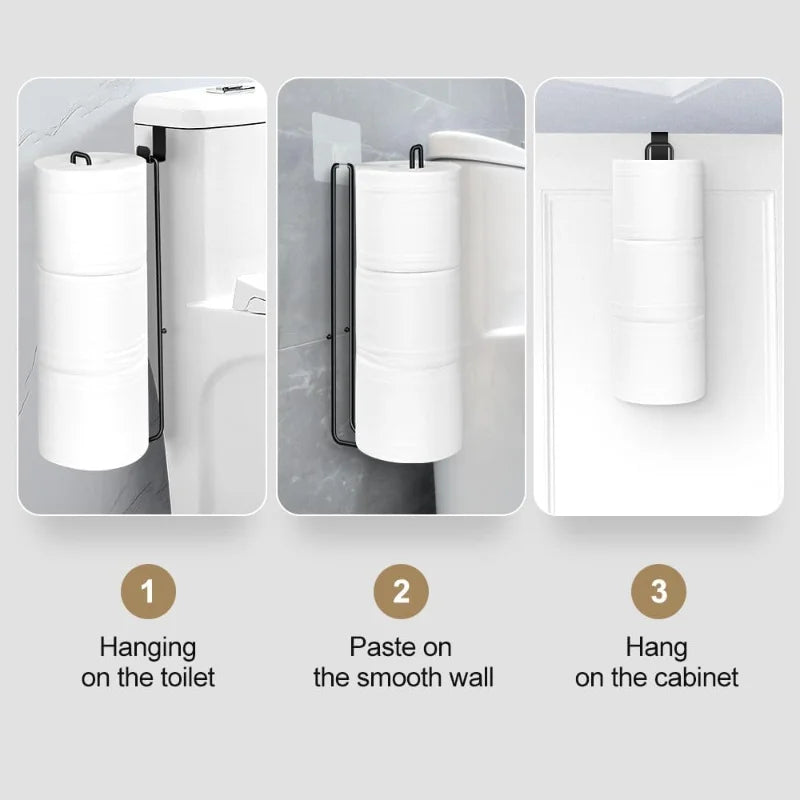 Self-Adhesive Toilet Paper Holder, Black Iron Bathroom Tissue Rack with Towel Bar, No-Drill Wall Mount, Bathroom Storage