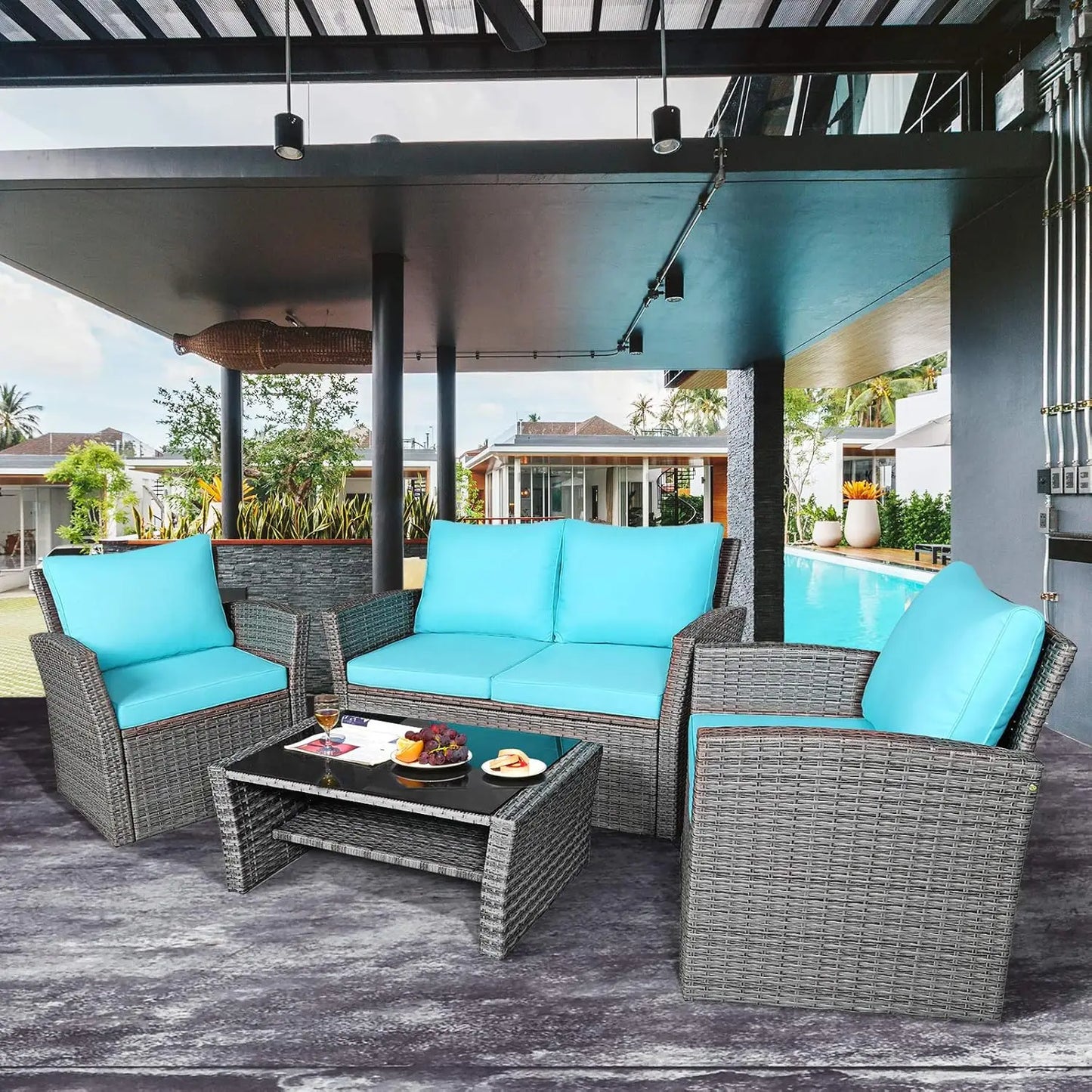 4 Pieces Patio Furniture Set, All Weather Outdoor Sectional Rattan Sofa Set with Cushions & Tempered Glass Table, Wicker Convers