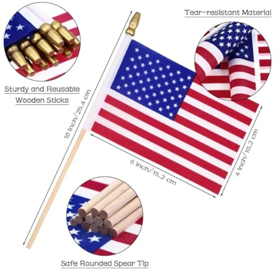 50 Pack of Small American Flags on Stick 4 x 6 Inch Handheld Flags with Gold Spearhead for 250th Anniversary, 4th of July, Memorial Day