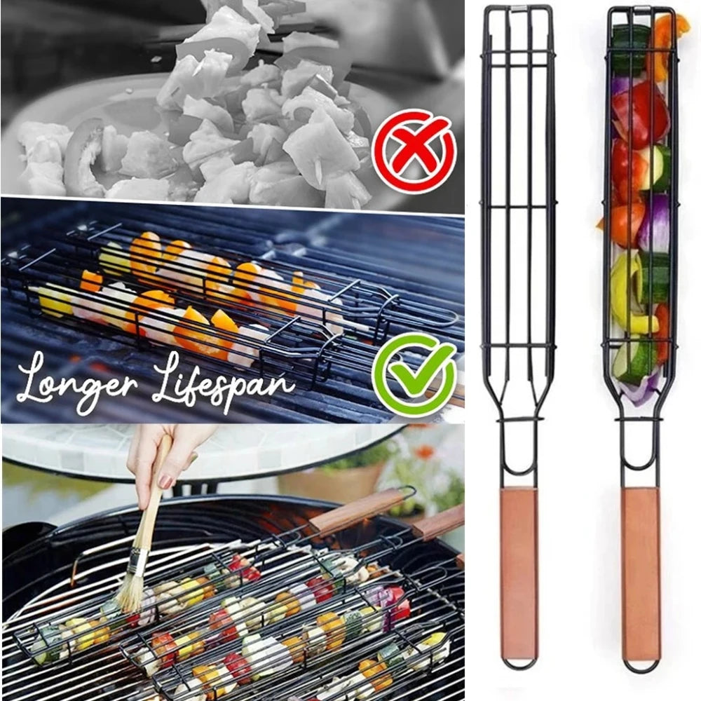 12/3PCS Stainless Steel Barbecue Rack Barbecue Clip Durable Portable Barbecue Basket Paint Coat Wooden Handle Barbecue Net
