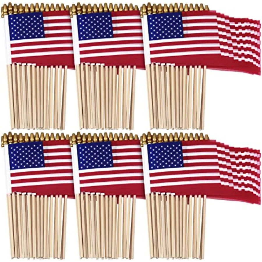 150 Pcs Small American Flags on Stick 8 x 12 Inch Mini US Flags Wooden Stick Bulk for 250th Anniversary Lawn Yard 4th of July Decor