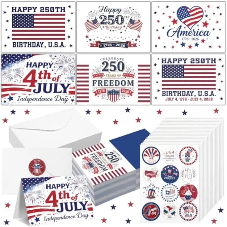 120 Pcs Patriotic 4th of July Greeting Cards Bulk for 250th Anniversary with 120 White Envelopes and 24 Stickers Veterans Memor