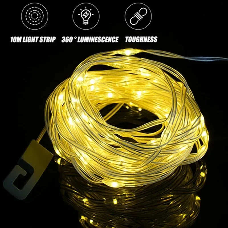 Solar Lights Outdoor Camping Light 10meter String Light Outdoor Tent Light RGB Atmosphere Light LED Flashlight with Hook ﻿