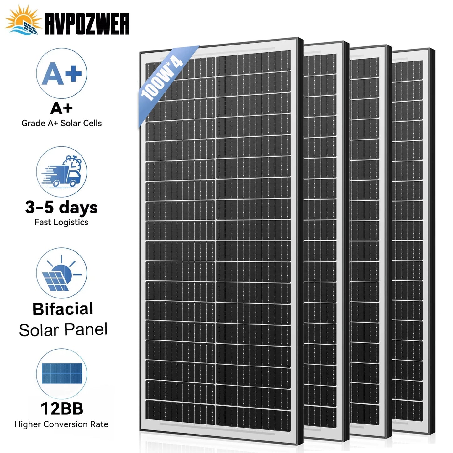 RVPOZWER 12.8V 400/200/100W Rigid Solar Panel 12BB N-Type Solar Cells Monocrystalline Silicon Waterproof Solar Panel Home/RV