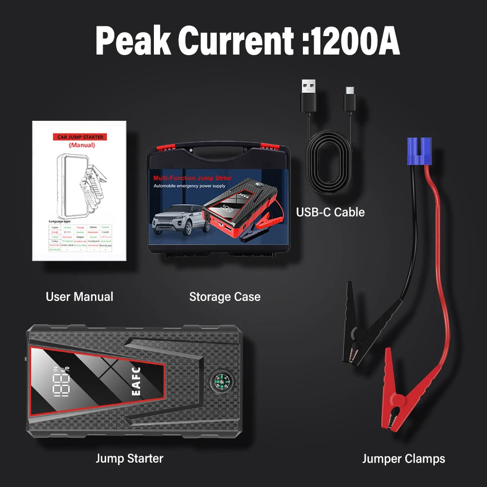 Car Jump Starter 2000A/1200A/600A Battery Charger Emergency Power Bank Booster with LED Lighting Starting Device for 12V Cars