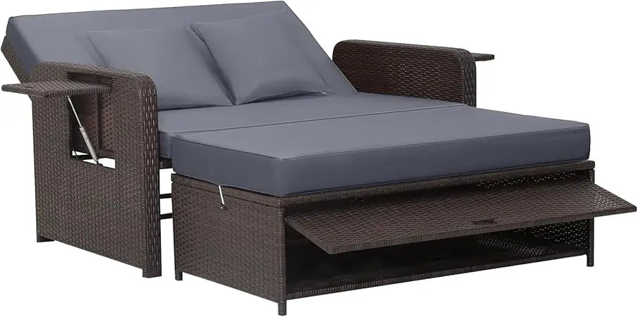 Patio Rattan Daybed Set, Wicker Loveseat Sofa w/Multipurpose Ottoman & Retractable Side Tray, 4-Level Adjustable Backrest, Foot, in Multiple colors.