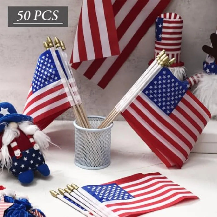 50 Pack of Small American Flags on Stick 4 x 6 Inch Handheld Flags with Gold Spearhead for 250th Anniversary, 4th of July, Memorial Day