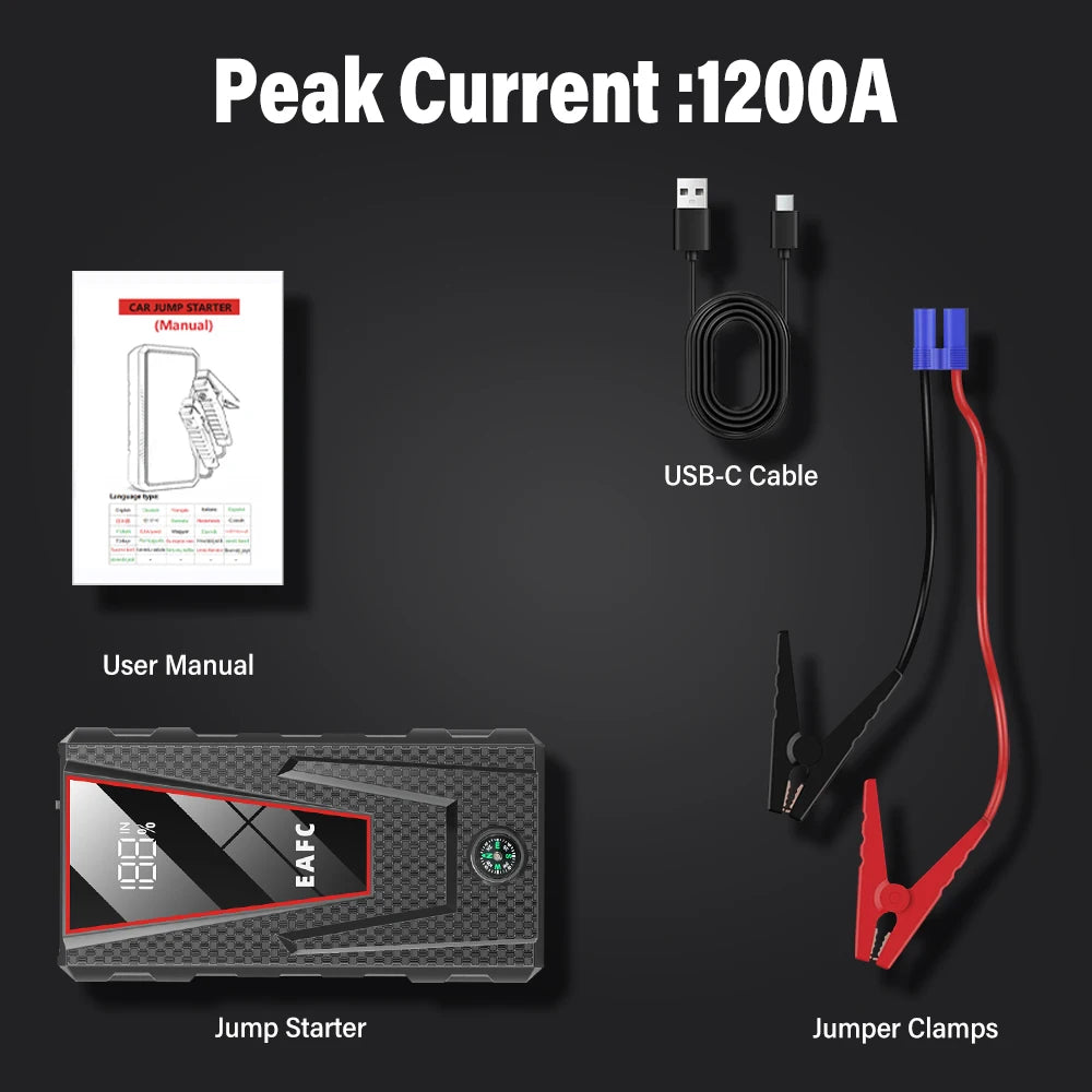 Car Jump Starter 2000A/1200A/600A Battery Charger Emergency Power Bank Booster with LED Lighting Starting Device for 12V Cars