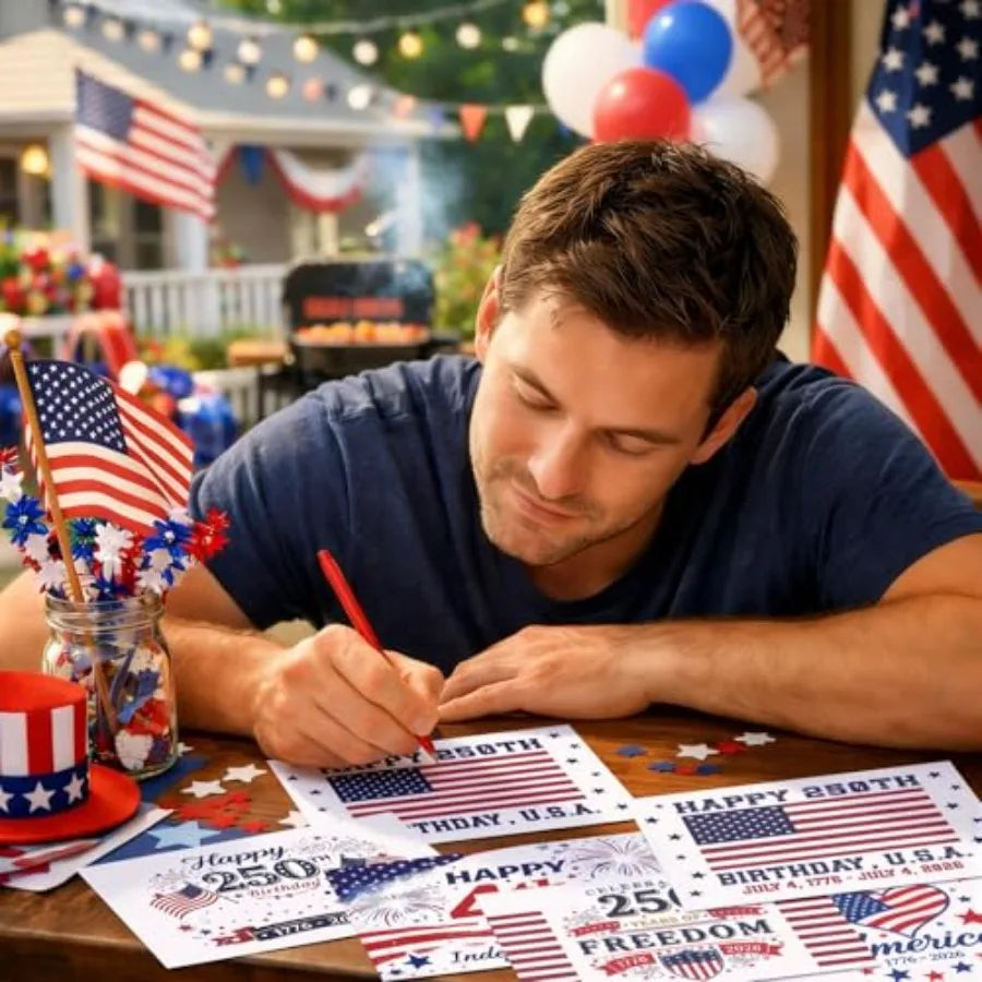 120 Pcs Patriotic 4th of July Greeting Cards Bulk for 250th Anniversary with 120 White Envelopes and 24 Stickers Veterans Memor