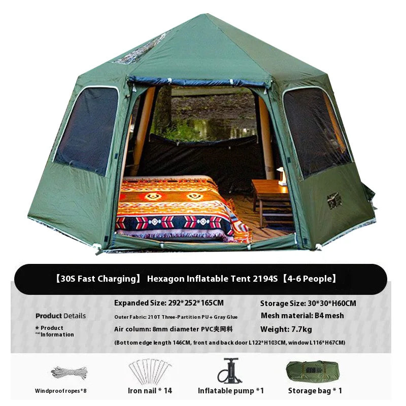 Large Camping Inflatable Air tent 4-6 people Waterproof Tent Hiking Camping Tent Traveling hexagonal Awning tent with Canopy