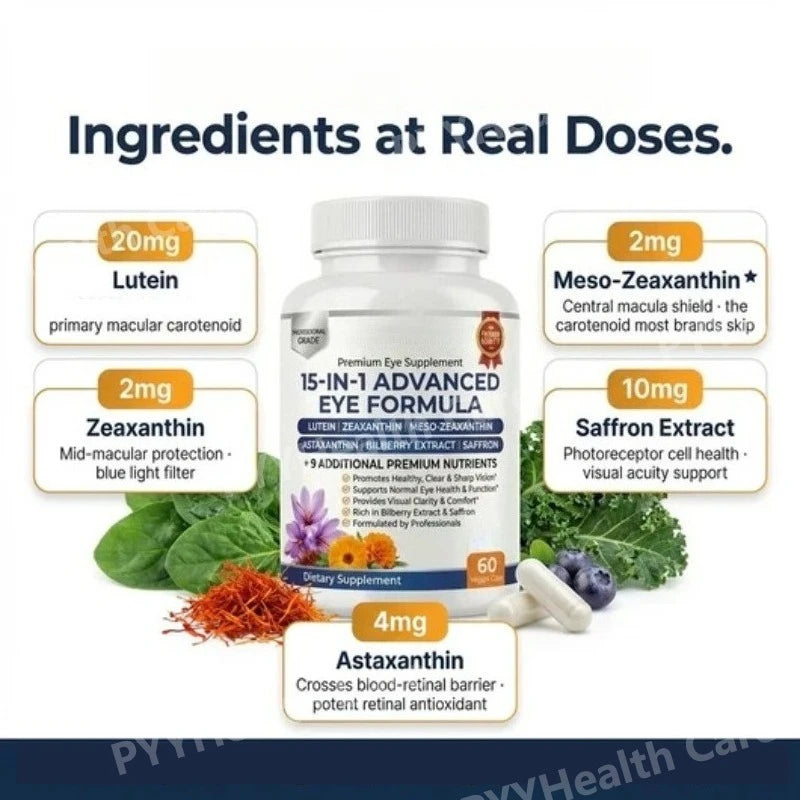 15-in-1 Advanced Eye Formula Supplement with Lutein Zeaxanthin Bilberry& Premium Nutrients Supports Healthy Vision 60Veggie Caps
