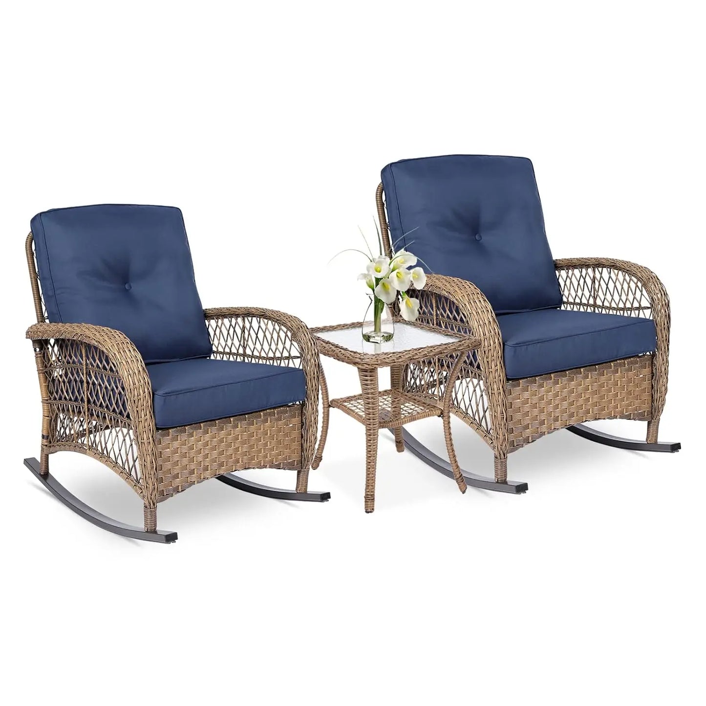 3-Piece Outdoor Conversation Bistro Set, Patio Wicker Rocking Chairs Rattan Furniture Sets w/ 2 Rattan Chairs,, Customized