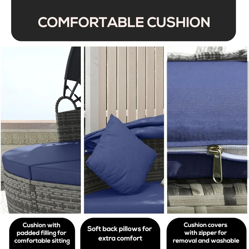 4 Piece Round Rattan Daybed, Convertible Patio Furniture Set, Adjustable Sun Canopy, Sectional Outdoor Sofa, 2 Chairs, Extendin