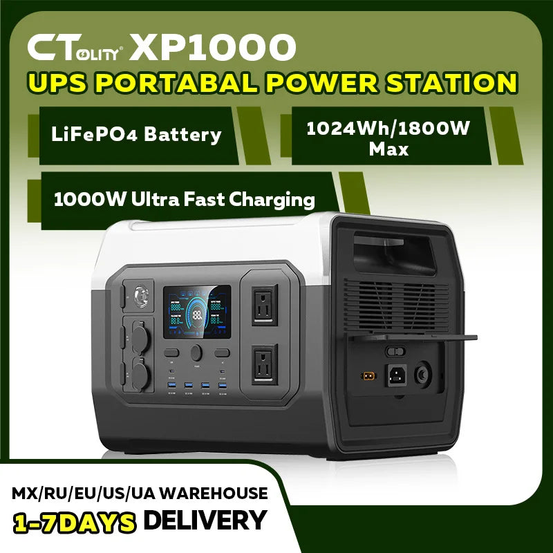 CTOLITY XP1000 1024WH Portable Power Station 1600W Solar Generator Camping Power Station LiFePo4 Battery Emergency