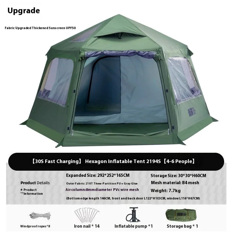 Large Camping Inflatable Air tent 4-6 people Waterproof Tent Hiking Camping Tent Traveling hexagonal Awning tent with Canopy