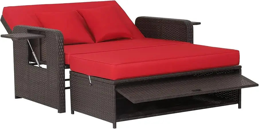 Patio Rattan Daybed Set, Wicker Loveseat Sofa w/Multipurpose Ottoman & Retractable Side Tray, 4-Level Adjustable Backrest, Foot, in Multiple colors.